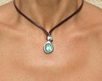 Leather Choker Necklace for Women, Silver Plated Pendant Necklace, Green Pendant Necklace, Women Necklace, Women Jewelry, Silver Jewelry