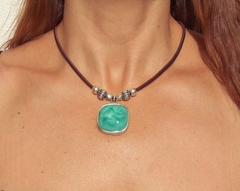 Choker Necklace for Women, Leather Necklace, Turquoise Pendant Necklace, Leather Choker for Women, Turquoise Jewelry, Boho Jewelry, Bohemian