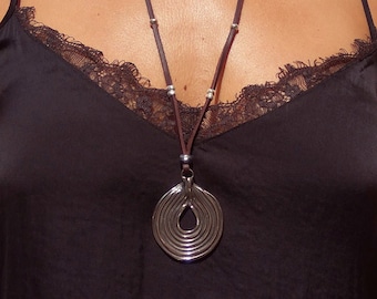 Silver Pendant Necklace, Leather Necklace for Women, Boho Jewelry, Silver Necklace, Bohemian Jewelry, Hippy Jewelry, Silver Plated Pendant