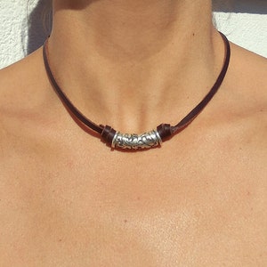 Women Leather Necklace, Choker Necklace for women, Beaded Necklace, Leather Choker, Silver Choker, Bohemian Jewelry, Silver Jewelry, Boho