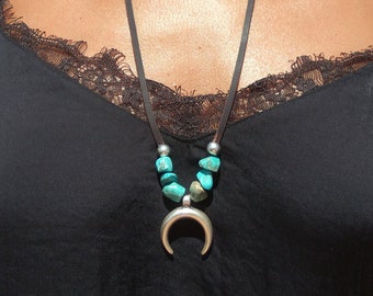 Silver Moon Necklaces for Women, Turquoise Necklace, Long Necklace, Leather Necklace, Boho Jewelry, Bohemian Jewelry, Women Necklace, Endia