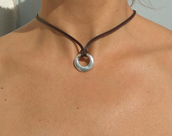 Ring Leather Necklace for women, Women Choker Necklace, Silver Plated Necklace, Leather Choker, Bohemian Jewelry, Silver Jewelry, Zamak