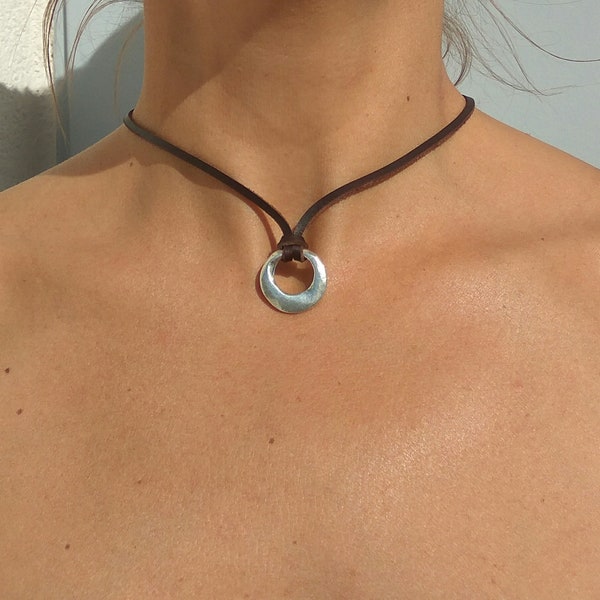 Ring Leather Necklace for women, Women Choker Necklace, Silver Plated Necklace, Leather Choker, Bohemian Jewelry, Silver Jewelry, Zamak