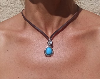 Leather Choker, Leather Necklace for women, Silver Plated Pendant Necklace, Women Choker Necklace, Women Jewelry, Silver Jewelry, Endia