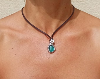 Leather Choker Necklace for Women, Silver Plated Pendant Necklace, Green Pendant Necklace, Women Necklace, Women Jewelry, Silver Jewelry