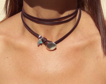 Wrap Leather Necklace for Women, Boho Jewelry, Feather Necklace, Leather Choker Necklace, bohemian Jewelry, Boho Necklace, Zamak Necklace