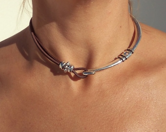 Zilveren choker ketting voor vrouwen, half zilveren ketting, zilveren sieraden, Boho ketting, dameskettingen, leren ketting, zilveren choker