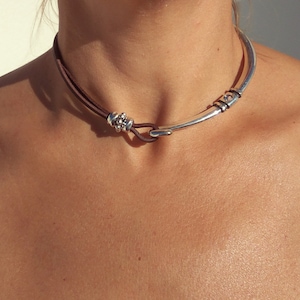 Silber Choker Halskette für Frauen, Halb Silber Halskette, Silber Schmuck, Boho Kette, Damen Halsketten, Lederkette, Silber Choker