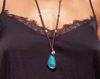 Long Necklace for Women, Turquoise Pendant Necklace, Leather Necklace, Turquoise Necklace, Boho Jewelry, Boho Necklace, Zamak Necklace