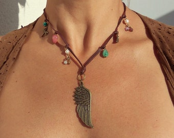 VEINTI+1 Boho Style Natural Wood Beads and Chakra with Tassels Pendant Long Necklace Chain Unisex