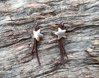 Leather Earrings for Women, Silver Star Earrings, Bohemian Earrings, Boho Earrings, Hippie Earrings, Boho Jewelry, Women Earrings