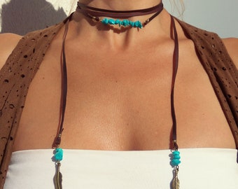 Feather Wrap Necklace, Leather Necklace for Women, Turquoise Necklace, Beach Necklace, Bohemian Jewelry, Boho Jewelry, Hippie Necklace
