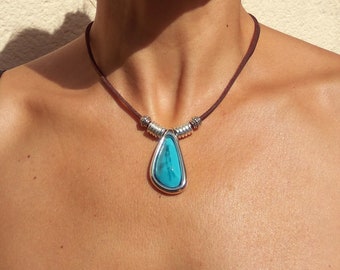 Turquoise Choker Necklace for Women, Turquoise Necklace, Turquoise Jewelry, Boho Necklace, Leather Necklace, Womens Necklace, Silver Choker