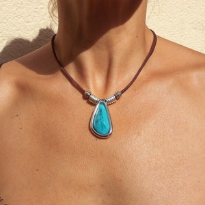 Turquoise Choker Necklace for Women, Turquoise Necklace, Turquoise Jewelry, Boho Necklace, Leather Necklace, Womens Necklace, Silver Choker