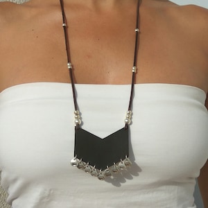 Long Leather Necklace for Women, Boho Jewelry, Silver Necklace, Geometric necklace, Women Necklace, Bohemian Jewelry, Hippy Necklace, Endia