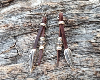 Silver Feather Earrings for Women, Leather Earrings, Boho Jewelry, Boho Earrings, Bohemian Earrings, Hippie Earrings, Women Earrings, Endia