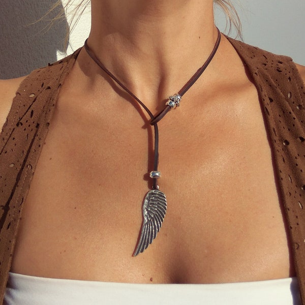 Lariat Necklace, Leather Necklace for Women, Boho Jewelry, Y Necklace, Silver Necklace, Bohemian Jewelry, Bohemian Necklace, Boho Necklace