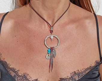 Leather Necklaces for Women, Boho Jewelry, Bohemian Jewelry, Silver Necklace, Zamak Necklaces, Silver Ring Necklace, Statement Necklace