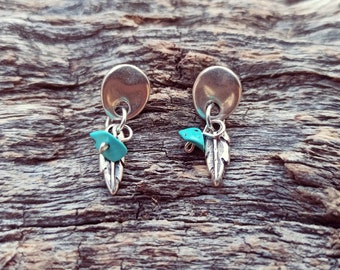 Feather Earrings for Women, Silver Earrings, Turquoise Earrings, Boho Earrings, Hippie Earrings, Boho Jewelry, Women Earrings, Silver Jewel