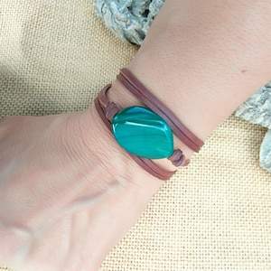 Green gemstone bracelet, wrap leather bracelet, gemstone jewelry, boho bracelet, Boho jewelry, bohemian jewelry, hippie jewelry, boho chic image 1