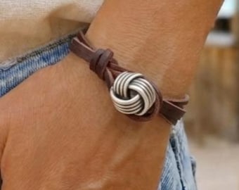 Handmade Leather Silver Bracelet Women, Silver Knot Bracelet, Boho Jewelry