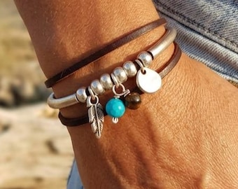 Boho Leather Bracelet with Feather Charm and Gemstones, Wear as Bracelet or Necklace, Western Jewelry, Personalized Gift for Her