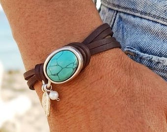 Handmade Turquoise Gemstone Leather Bracelet, Boho Bohemian Silver Jewelry, Ibiza Style