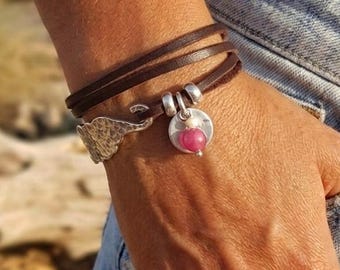 Leather Cuff Bracelet, Leather Silver Bracelet Women, Charm Bracelet, Gift for Women