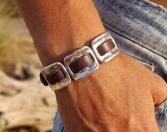 Handmade Boho Leather Silver Bracelet Women, Bohemian Western Jewelry, Gifts for Her