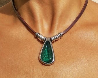 Boho Leather Cord Necklace with Green Resin Pendant, Silver Plated Jewelry