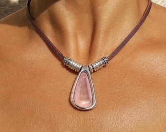 Boho Leather Cord Necklace with Pink Resin Pendant, Bohemian Style