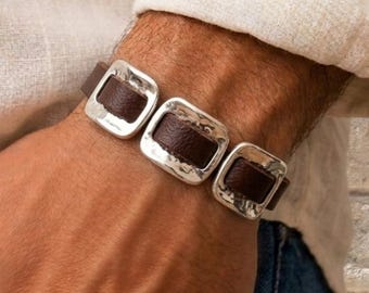 Handmade Men's Leather and Silver Bracelet, Rustic Western Jewelry,  Gift for Him, Everyday Accessory for men