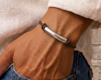 Handmade Men's Silver Bar Bracelet, Boho Leather Jewelry, Unisex Gift