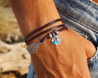 Leather Wrap Bracelet, Turquoise Bracelet, Leather Silver Bracelet Women, Boho Jewelry, Friendship Gift