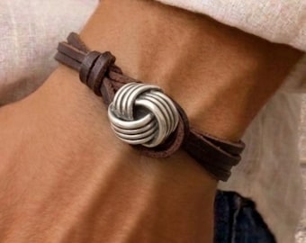 Handmade Men's Silver Knot Bracelet, Boho Leather Unisex Jewelry