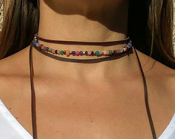 Wickelkette, Boho Schmuck, Stein Lederkette, Edelstein Choker, Boho Schmuck, Minimalist Schmuck, Leder Wickelkette, Hippie Schmuck