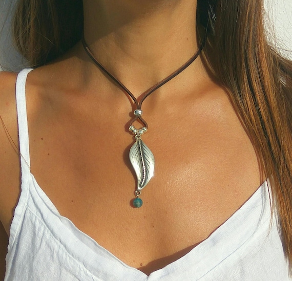 Leaf necklace for women, Silver leather Pendant, boho Pendant, leather Pendnat, natural stone choker, choker for woman, gem necklace, Endia