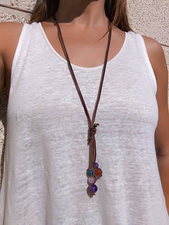 Hippie Stone Leather Necklace Gem Long Leather Necklace Boho - Etsy