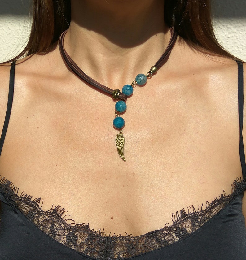 Blue Gemstone Beaded Necklace Gemstone Jewelry Bohemian Jewelry Angel Wing Necklace Choker Necklaces for Women Boho Jewelry Boho Chic