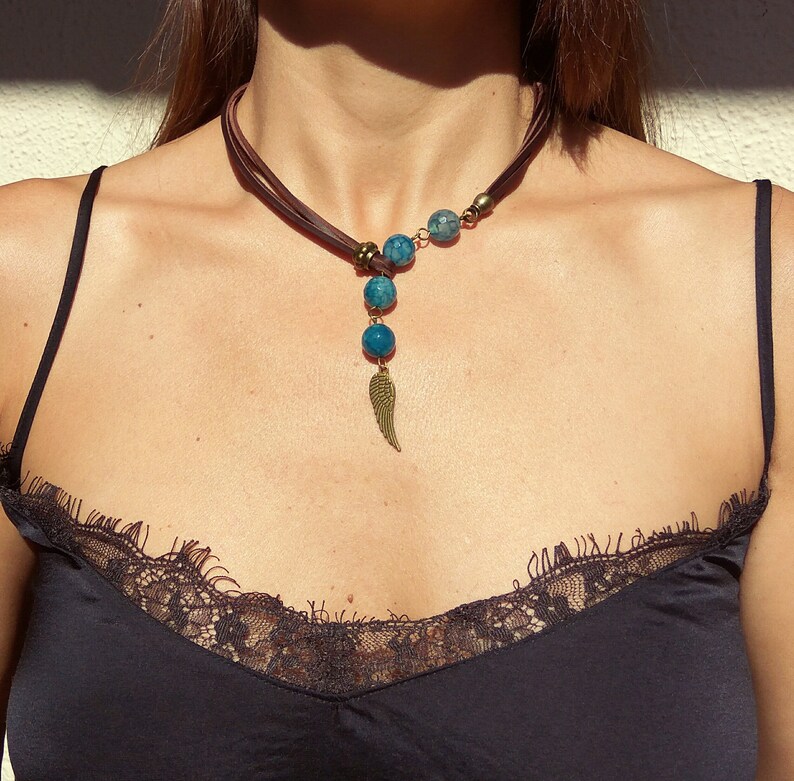 Blue Gemstone Beaded Necklace Gemstone Jewelry Bohemian Jewelry Angel Wing Necklace Choker Necklaces for Women Boho Jewelry Boho Chic