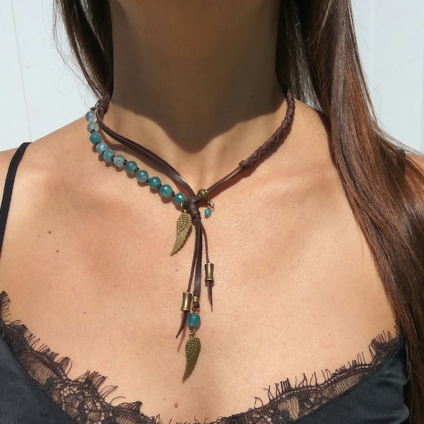 Joyería Boho, Collar para Mujer, Joyería Boho, Joyería Étnica, Collar de Cuero, Collar de Piedra, Collar de Mujer, Collar de Gemas, Hippie