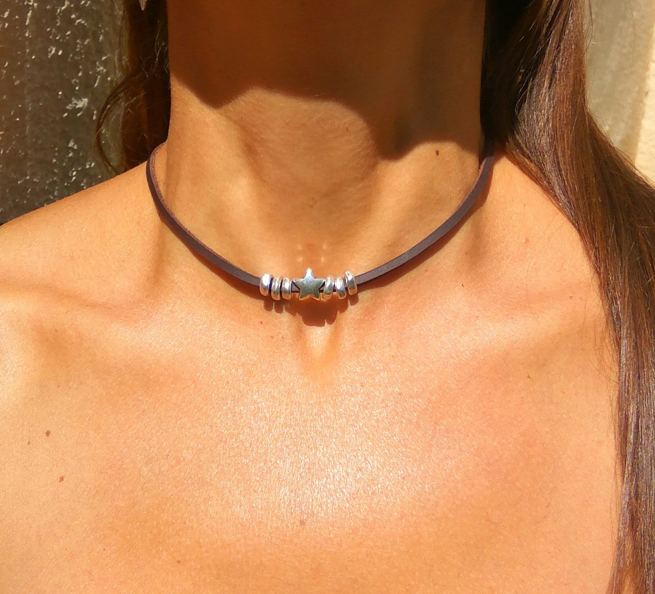 Choker stella d'argento, collana in pelle per donna, collana da donna, collana a stella, gioielli in zamak, collana in argento, gioielli in argento, collana boho