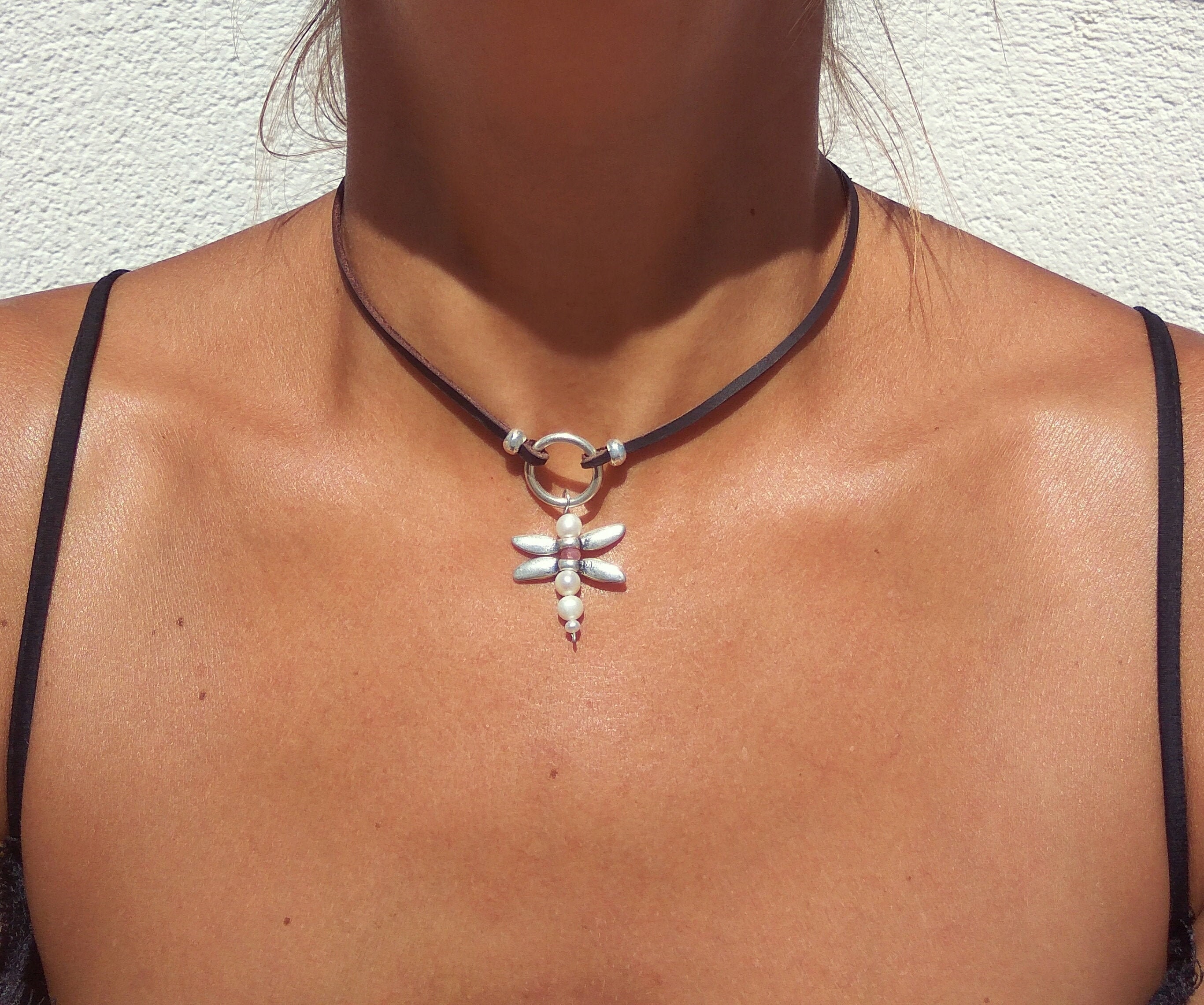 Silver Dragonfly Choker Necklace for Women, Silver Ring Necklace 