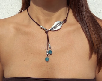 Necklace for Women, Boho Jewelry, Silver Necklace, Leather Necklace, Leaf Necklace, Natural Stone Necklace, Woman Necklace, Gem Necklace