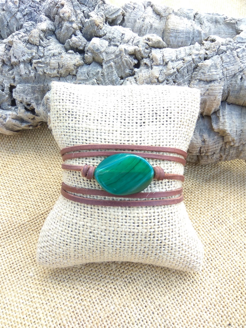 Green gemstone bracelet, wrap leather bracelet, gemstone jewelry, boho bracelet, Boho jewelry, bohemian jewelry, hippie jewelry, boho chic image 5