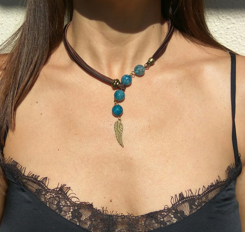 Blue Gemstone Beaded Necklace Gemstone Jewelry Bohemian Jewelry Angel Wing Necklace Choker Necklaces for Women Boho Jewelry Boho Chic