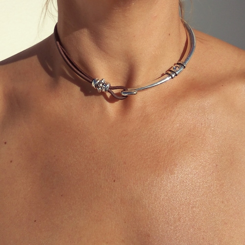 Silber Choker Halskette für Frauen, Halb Silber Halskette, Silber Schmuck, Boho Kette, Damen Halsketten, Lederkette, Silber Choker