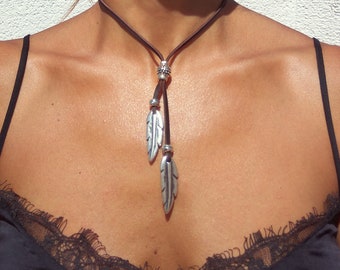 Feather Necklace for women, Leather Necklace, Silver Necklace, Zamak Necklace, Boho Necklace, Silver Jewelry, Hippie Necklace, Boho Jewelry