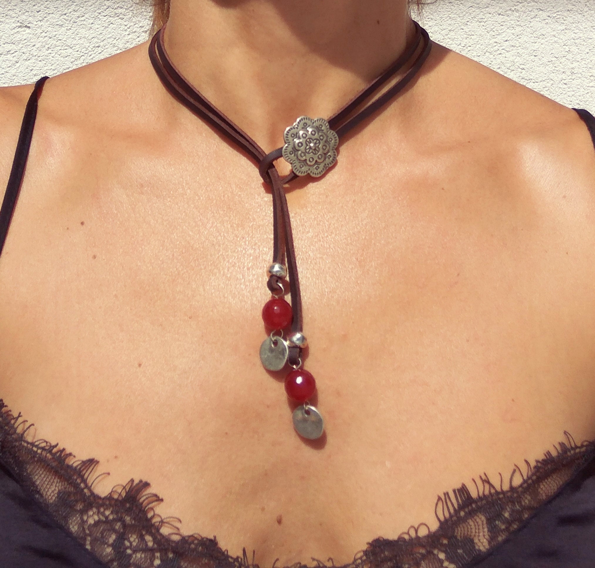 Leather Necklace for Women Gemstone Necklace Women Necklace | Etsy