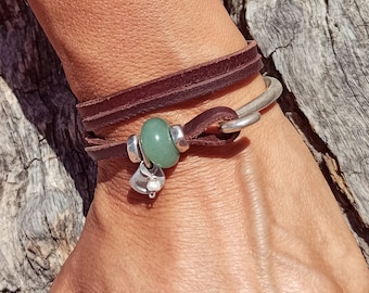 Pulsera de aventurina para mujer, pulsera boho, pulsera de cuero, pulsera de cuero de mujer, joyería boho, joyería boho, pulsera de mujer